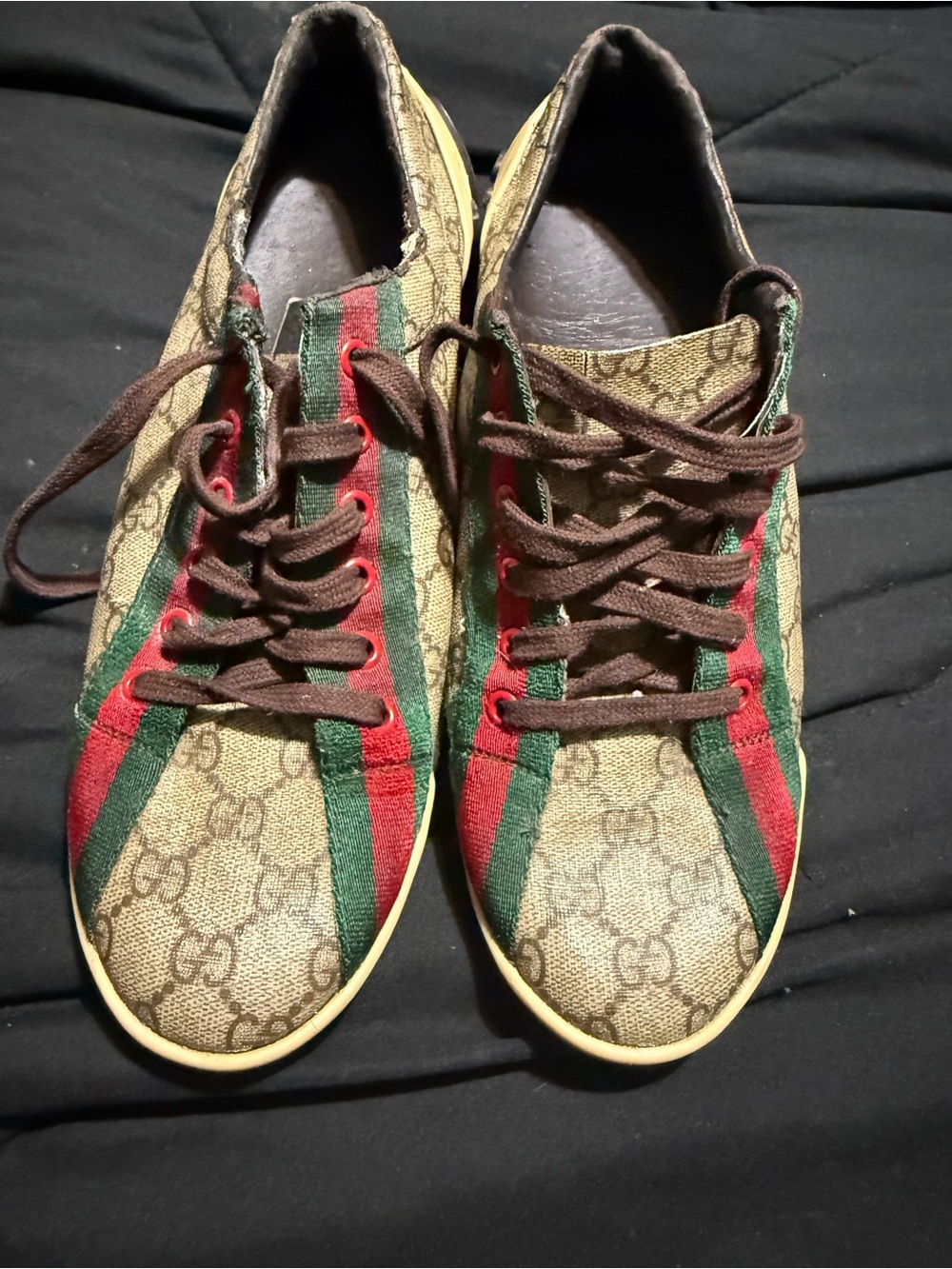 Gucci Brown GG Canvas Sneakers with Red & Green Web